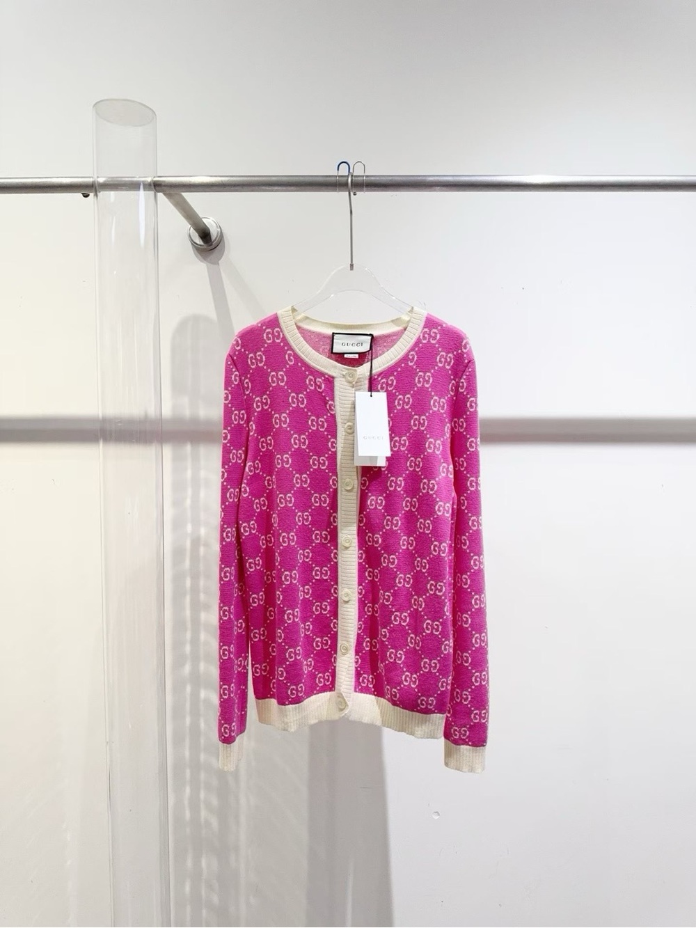 🚩steal Gucci Hot Pink GG-Print Wool Cardigan with Cream Trim